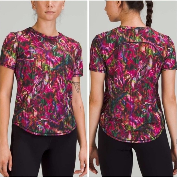 Lululemon Hyper Flow Pink High Neck Run & Train Tee Top Black Green Purple - Picture 1 of 7